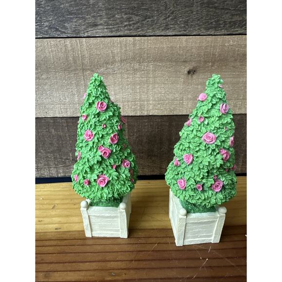 Dept 56 Spring Easter Topiary Flowering Tree Pink Roses Snowbunnies Set Of 2 - Picture 1 of 5